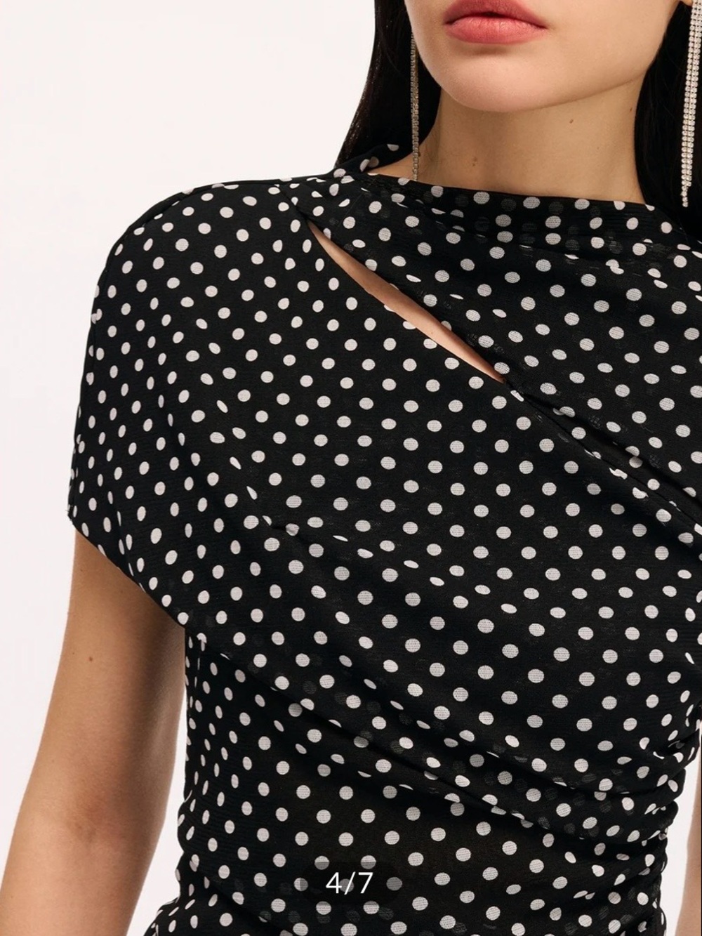 Commense Black Polka Dot Cut-out Ruched Draped Short Sleeve Top - Picture 5 of 7